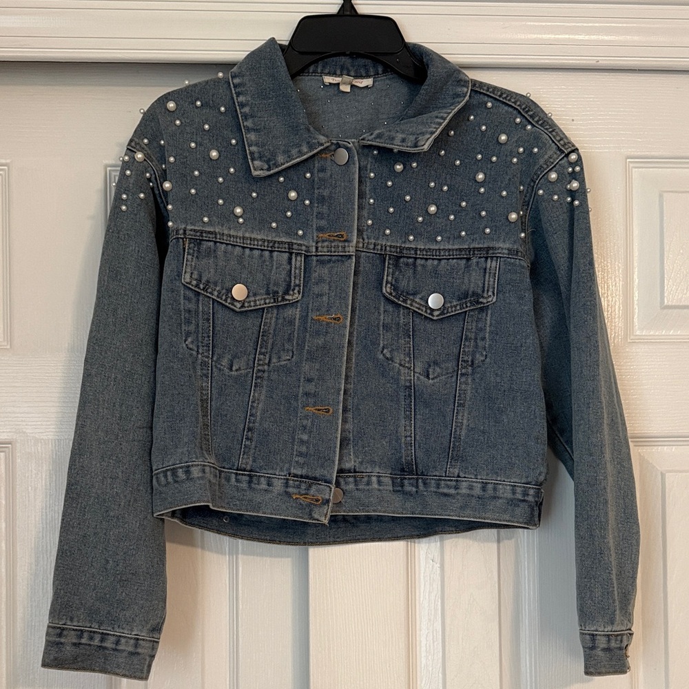 Women's Blue Jean Jacket with Pearl Accents